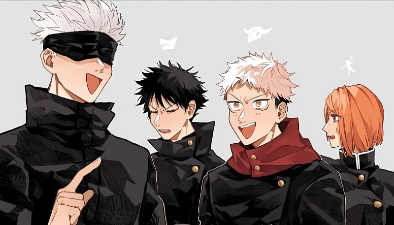 Background Gojo bên học trò vui tươi dễ thương cho máy tính