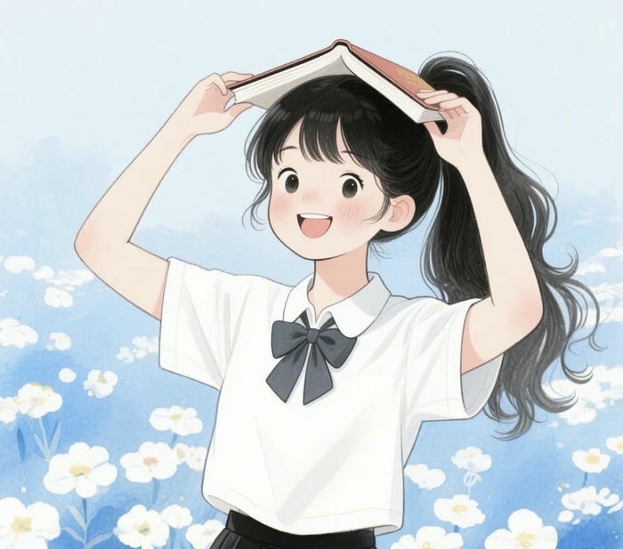 học sinh chibi đứng ngoài sân trường