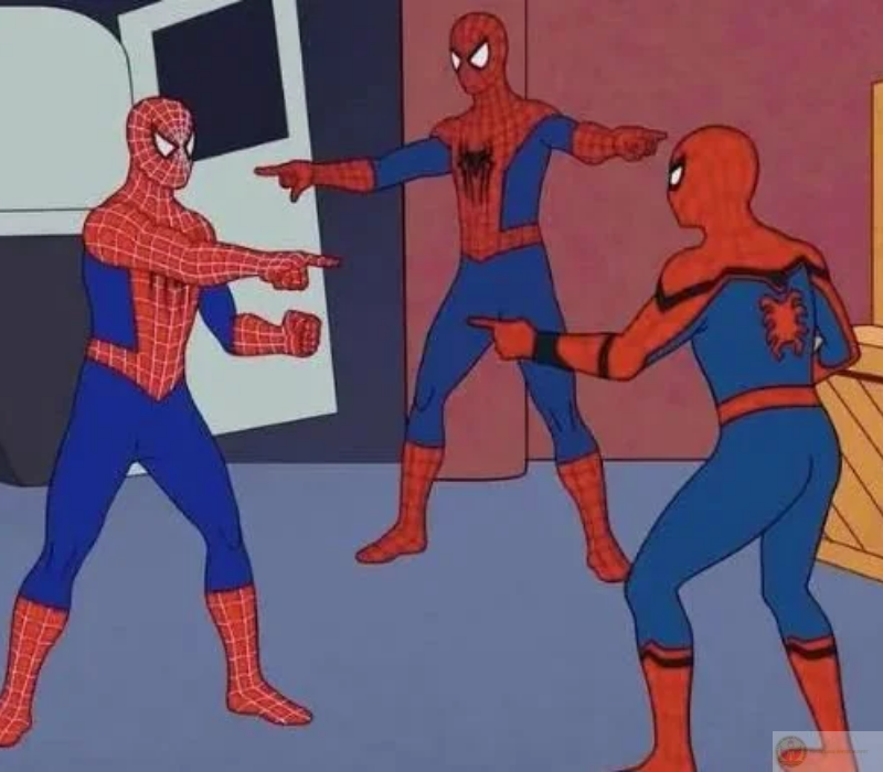 Meme 3 anh em siêu nhân ngạc nhiên chỉ nhau