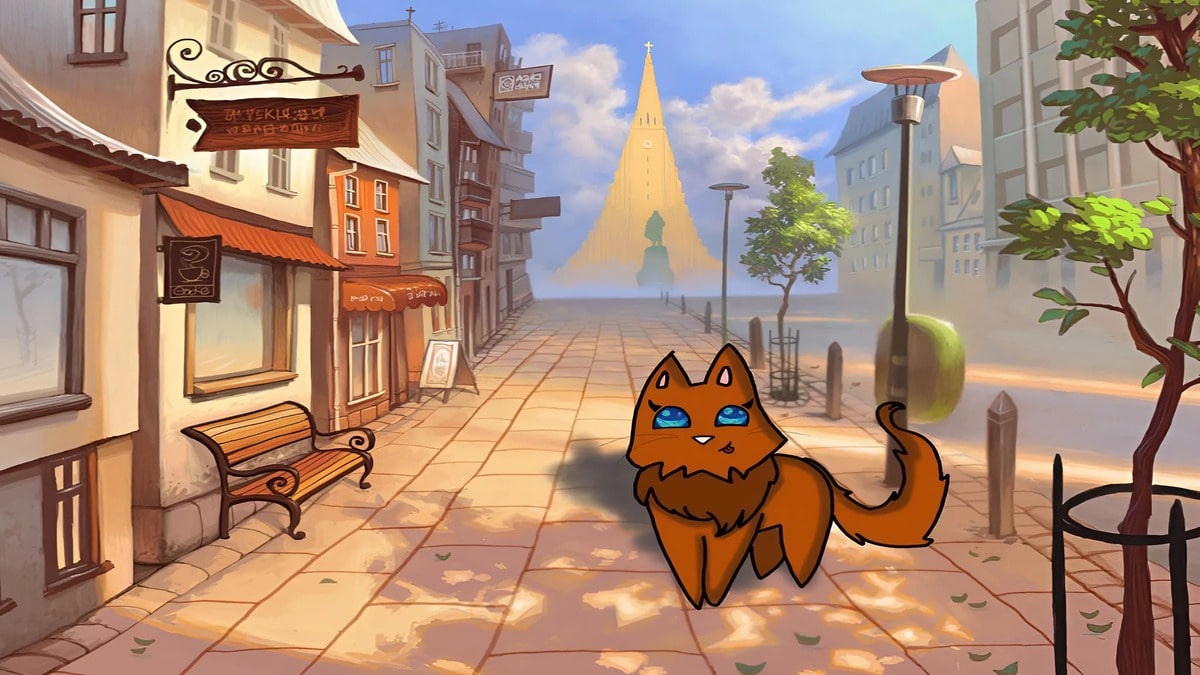 Background cute mèo con đang chạy trên phố