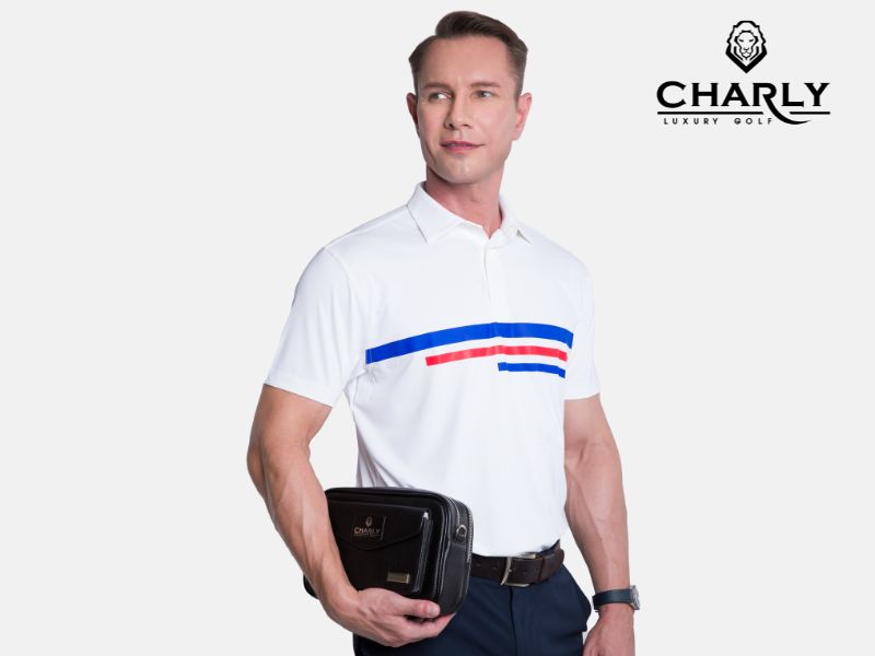 Áo cộc tay nam Charly S23 trắng phối sọc ngang ngực