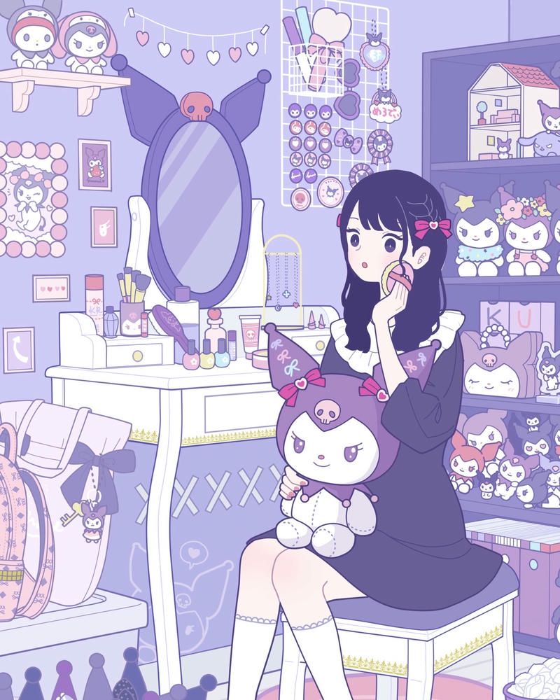 Ảnh kuromi anime trong phòng ngủ màu tím mộng mơ đẹp