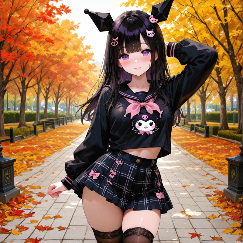 Cosplay Kuromi đứng giữa con đường lá vàng mùa thu đẹp
