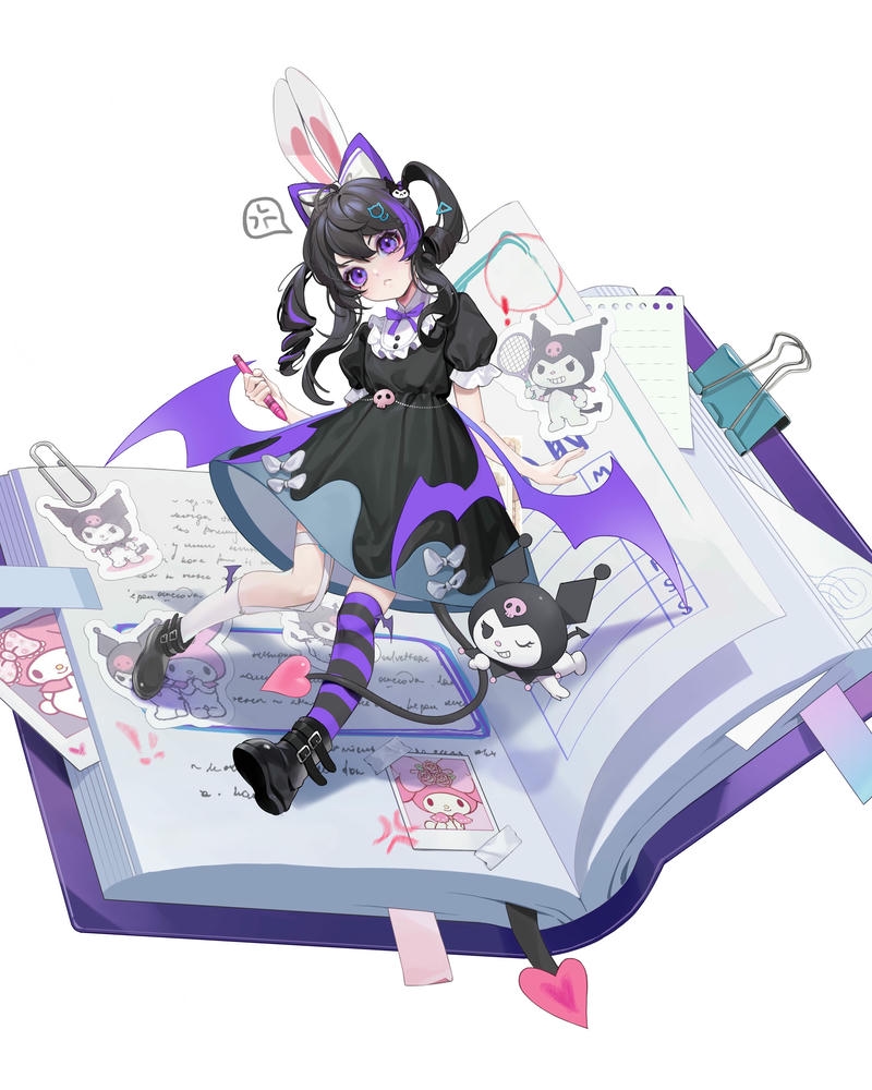 Ảnh kuromi anime ngồi trên cuốn sách phép thuật màu tím