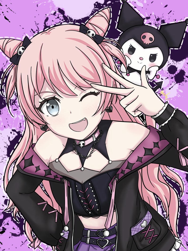 Ảnh kuromi anime tóc hồng giơ tay chữ V năng động