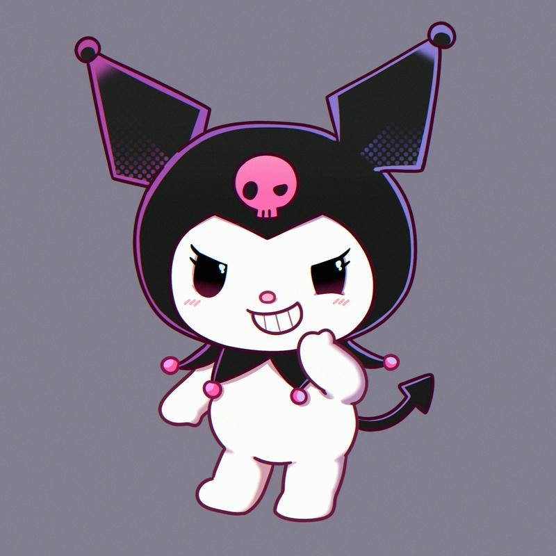 Nhân vật Kuromi gốc đứng vẫy tay nền xám đơn giản