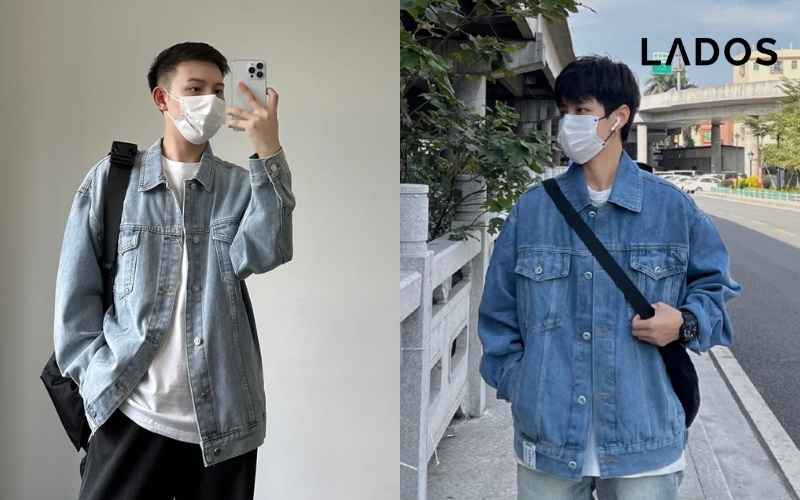 Outfit bui bam voi ao khoac jeans va ao phong trang cho nam