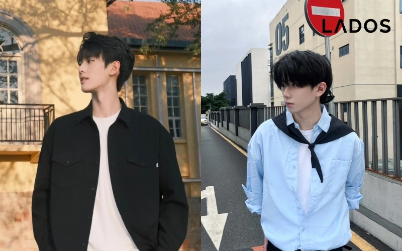 Outfit voi ao so mi cung ao phong phong khoang