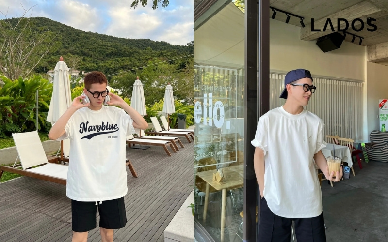 Outfit voi ao phong hoa tiet voi quan short thoai mai