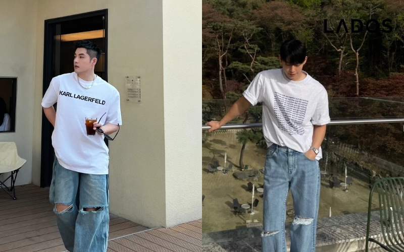 Mix ao thun trang hoa tiet voi quan jeans rach goi ca tinh