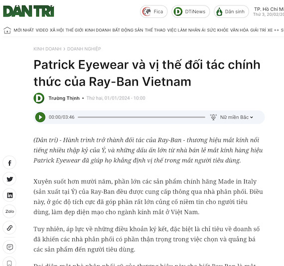 Ảnh chụp bài báo về kính Rayban do Patrick Eyewear phân phối