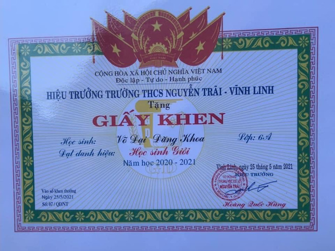 Thành tích học tập ấn tượng của cậu bé Quảng Trị.