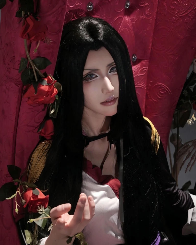 boa hancock cosplay cầm hoa hồng đỏ trên nền tối bí ẩn