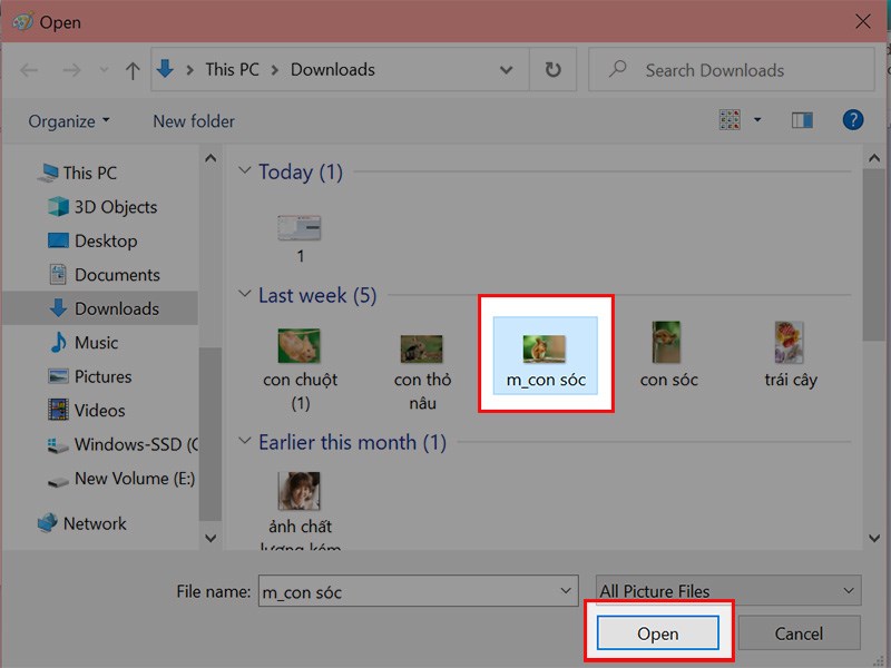Chọn ảnh để cắt hình tròn > Chọn Open