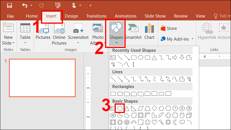 Chọn biểu tượng hình tròn trong shapes