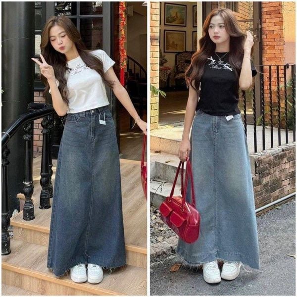 Chân váy jean dài phối với áo gì - Chọn độ dài váy