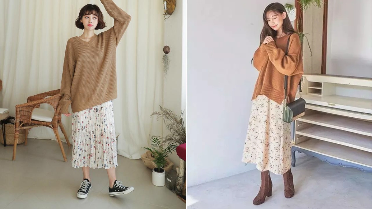 phối đồ với chân váy hoa nhí