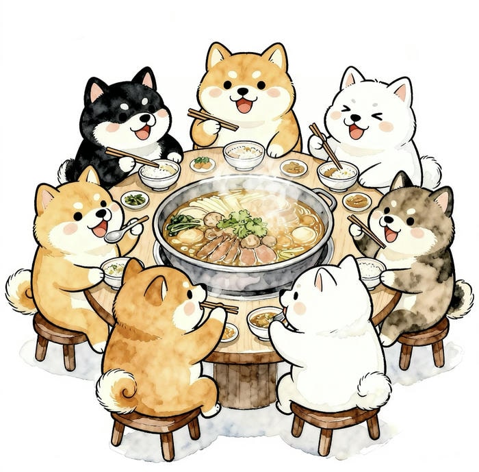 Chibi đàn con chó ăn lẩu