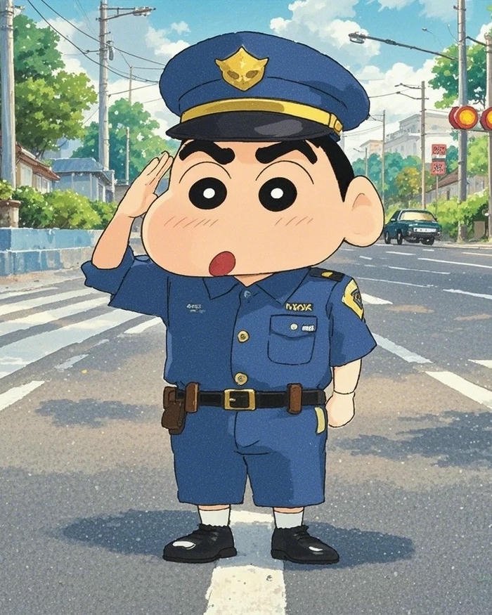 Avatar công an chibi cậu bé bút chì chào cờ