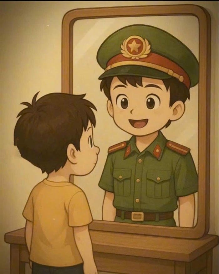 Chibi công an dễ thương soi gương thấy mình trưởng thành