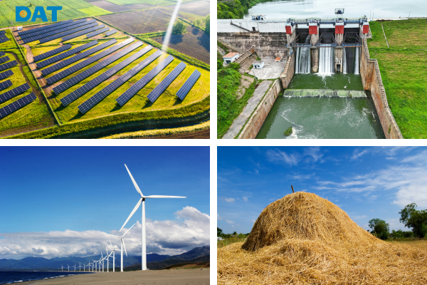 Từ trái sang phải, trên xuống: hệ thống pin mặt trời, nhà máy thủy điện, tua-bin gió trên đồi và phụ phẩm nông nghiệp dùng sản xuất năng lượng sinh khối.