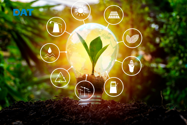 Hình ảnh mô phỏng các nguồn năng lượng tái tạo như mặt trời, gió, nước và sinh khối.