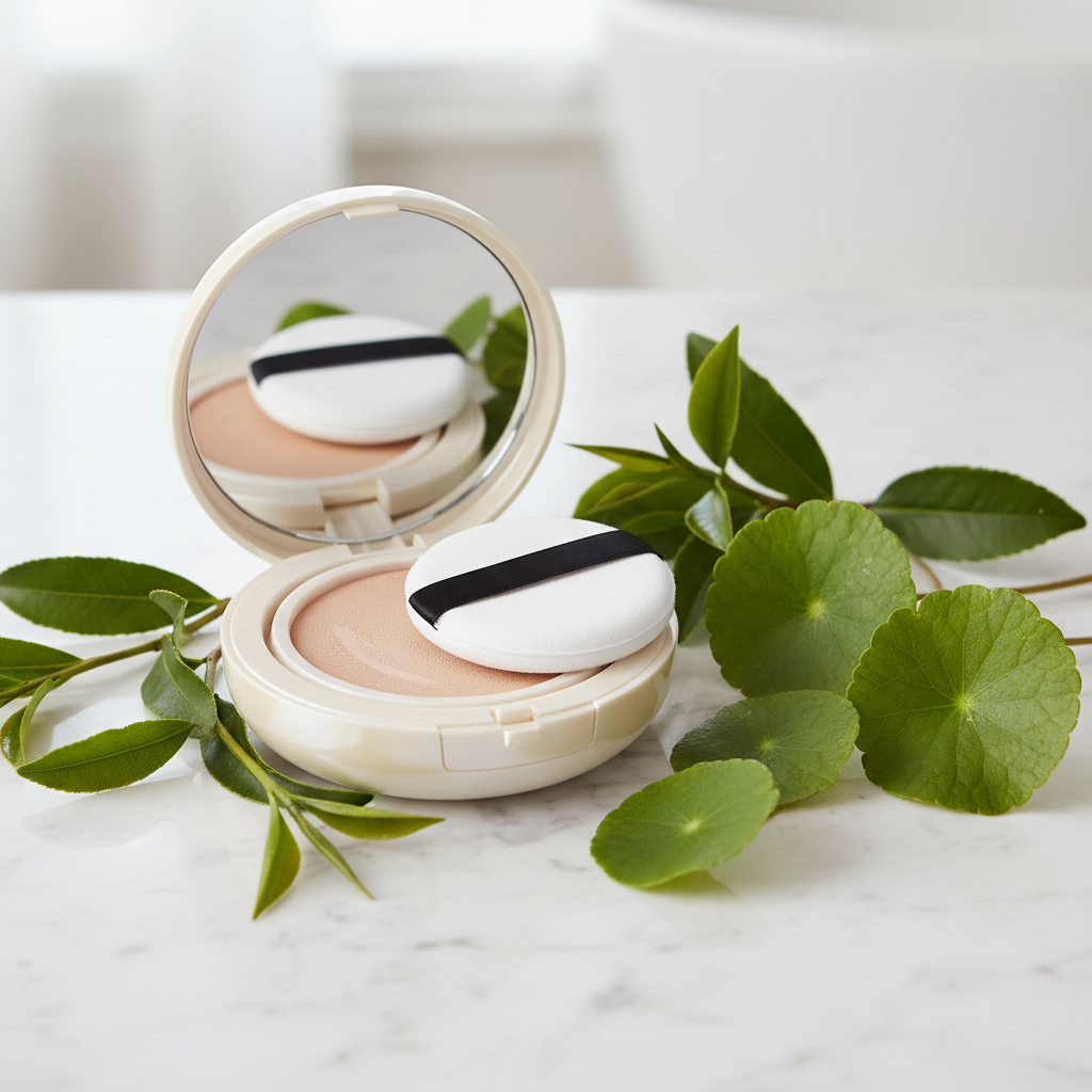 Các thành phần như lá tràm trà và rau má bên cạnh một hộp cushion