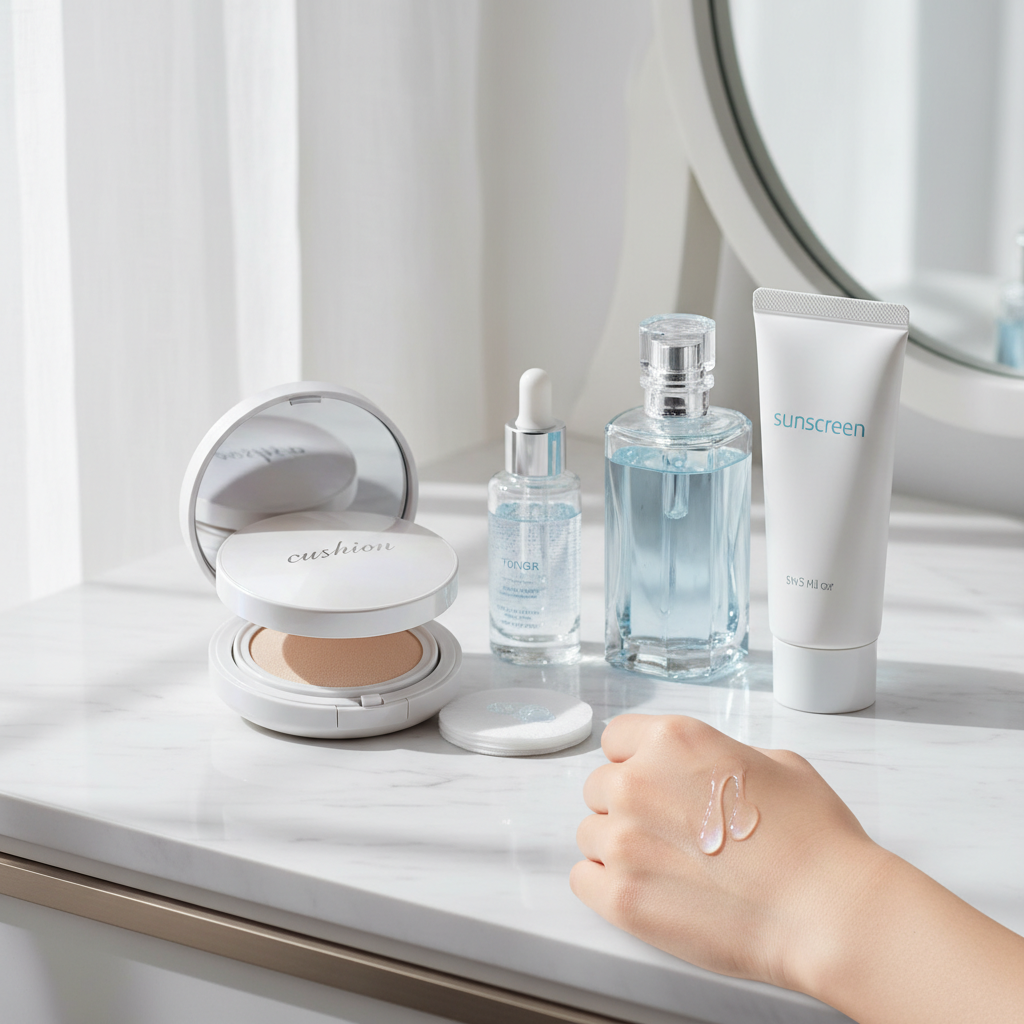 Các bước chuẩn bị da trước khi trang điểm như toner, serum, kem chống nắng