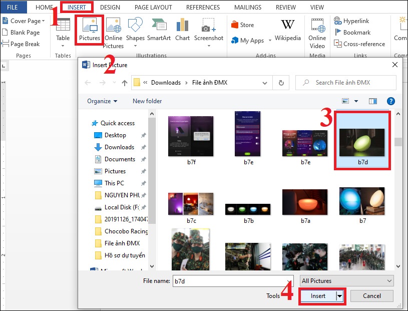 Thực hiện thứ tự như hình để chèn ảnh có sẵn từ máy