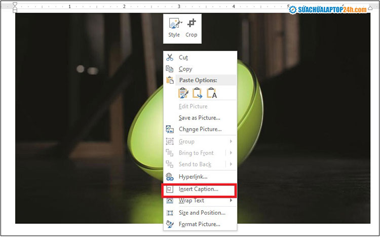 Chọn Caption để chèn chú thích