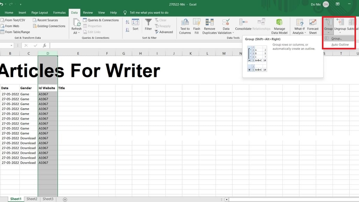 Bước 1: Cách ẩn cột trong excel có dấu cộng trong excel