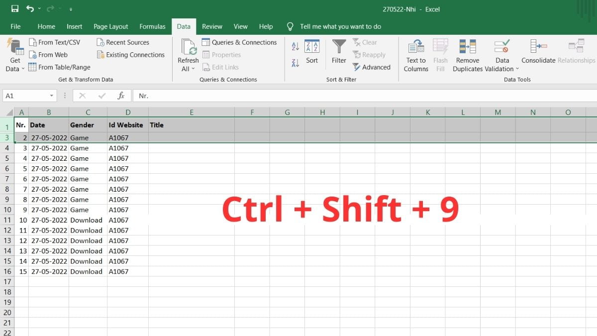 Bước 1: Cách ẩn cột trong excel bằng phím tắt trong excel