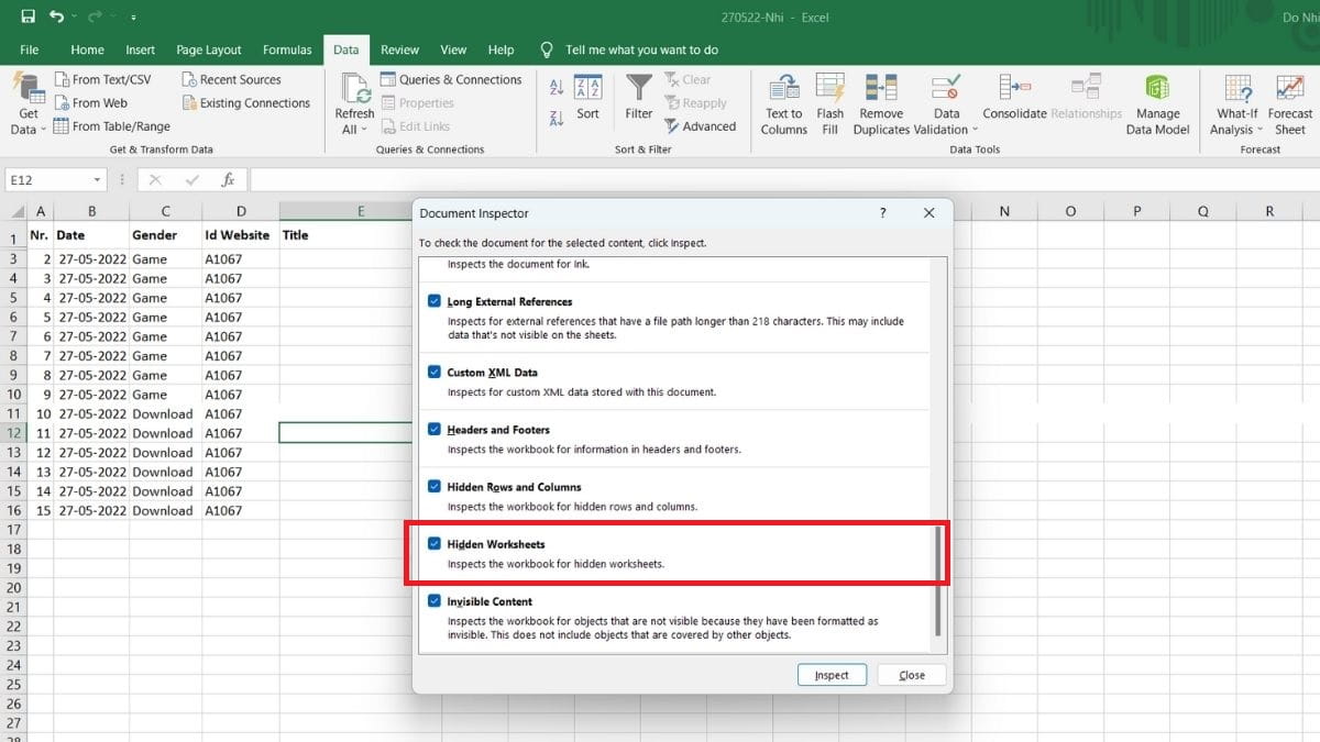 Bước 3: Cách tìm tất cả cột ẩn bằng cách kiểm tra một trang tính trong excel