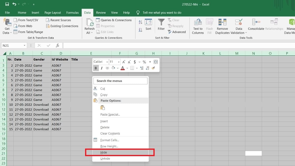 Cách tìm tất cả cột ẩn bằng cách Dùng Ctrl + A trong excel