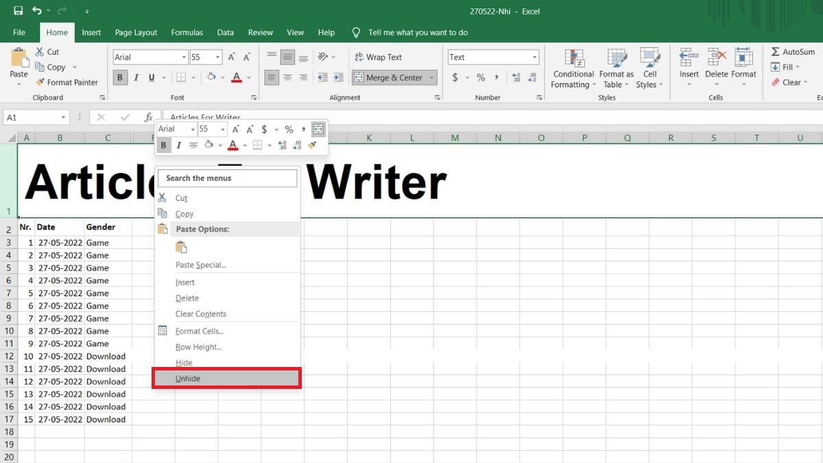 Cách ẩn hiển thị cột bằng chuột phải trong excel đơn giản