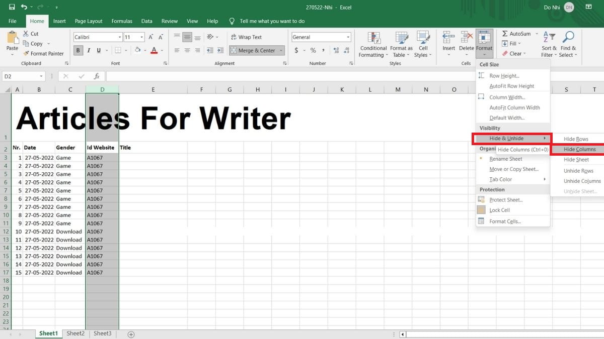 Bước 2: Cách ẩn một cột bằng tùy chọn Go To và Format trong excel