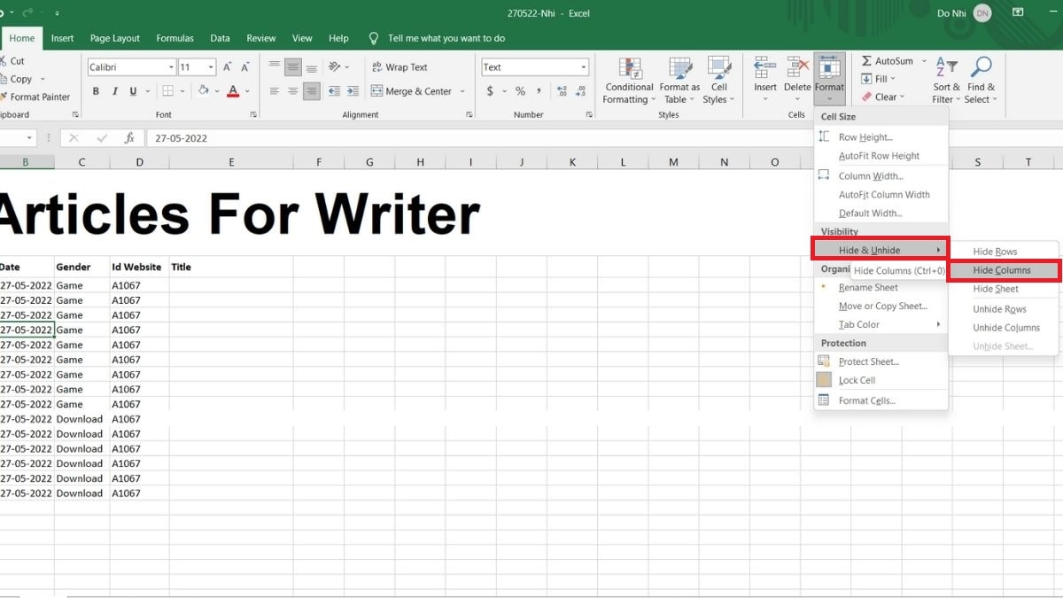 Bước 3: Cách ẩn một cột bằng tùy chọn Format trong excel