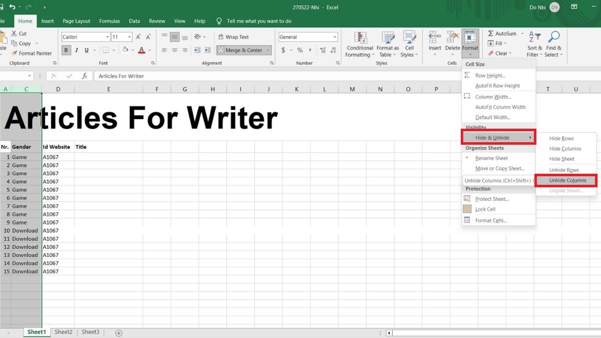 Bước 2: Cách ẩn một cột bằng tùy chọn Format trong excel