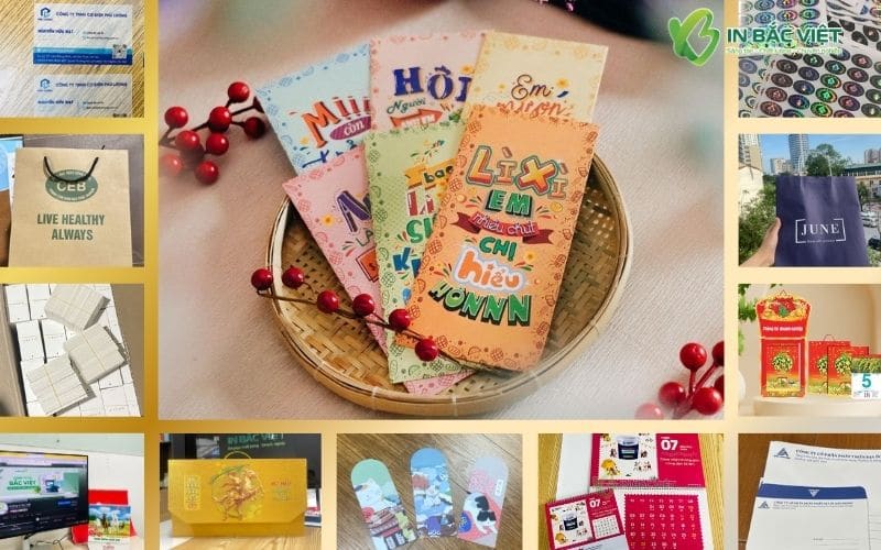 Dịch vụ thiết kế và in ấn đa dạng tại Xưởng In Bắc Việt, bao gồm bao lì xì, túi giấy, lịch và nhiều ấn phẩm khác