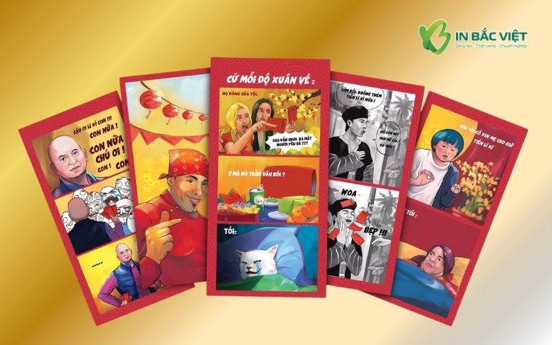 Mẫu bao lì xì meme đẹp với phong cách tranh hài hước và màu sắc nổi bật