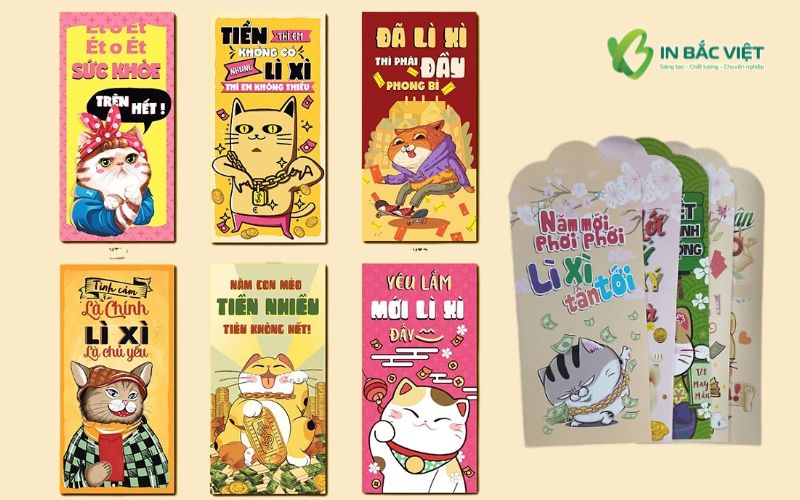 Tổng hợp bao lì xì meme hình mèo dễ thương với những câu nói bá đạo, thiết kế hài hước và màu sắc nổi bật