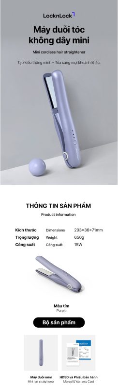 M&aacute;y duỗi t&oacute;c kh&ocirc;ng d&acirc;y, tấm phủ nhiệt ceramic LocknLock 15W - M&agrave;u t&iacute;m - ENA224PUP