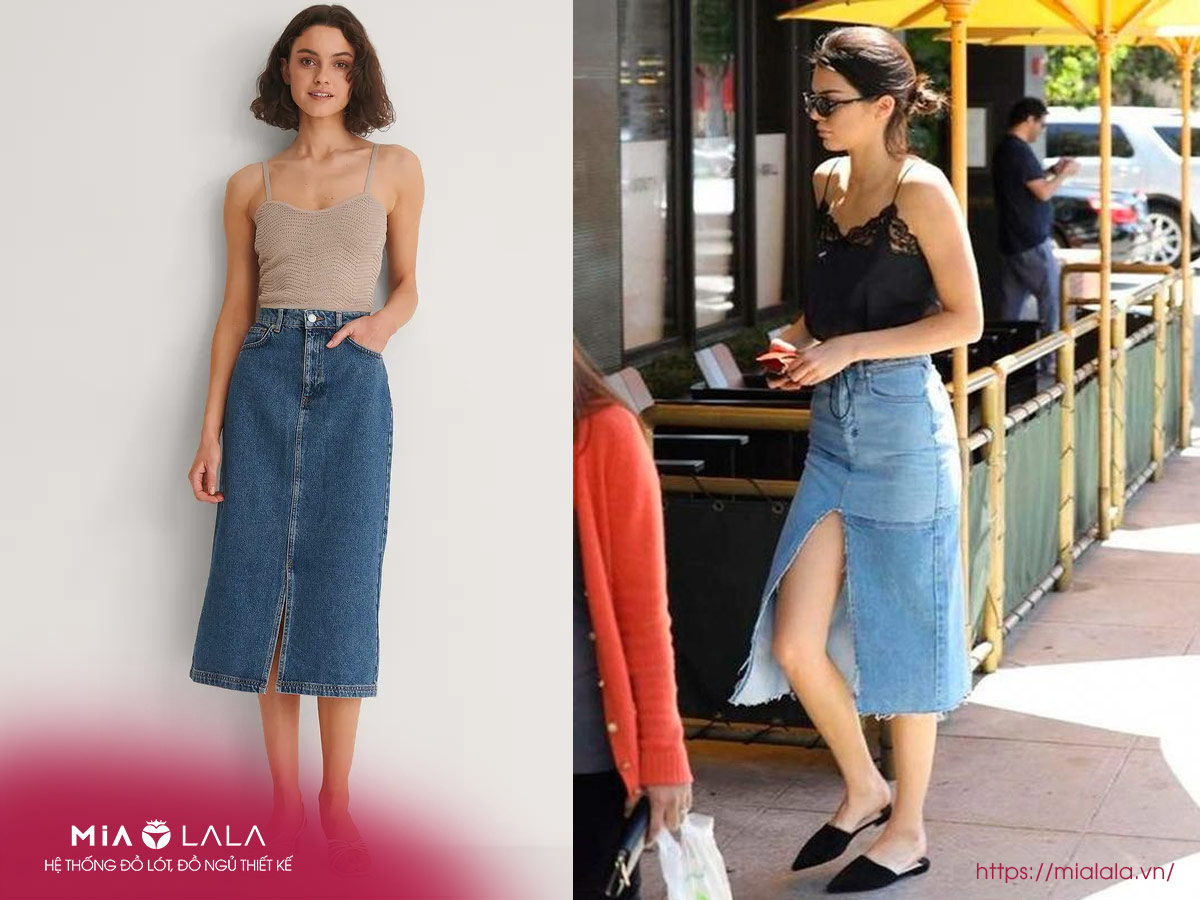 Sự kết hợp giữa áo hai dây và chân váy bò tạo ra set đồ năng động, gợi cảm và thu hút