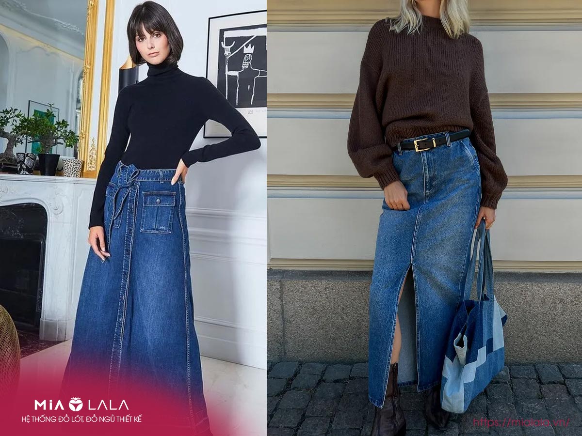 Mix áo len và chân váy bò tạo nên set đồ lạ mà xinh, vừa thời thượng, phong cách vừa mang hơi hướng cổ điển