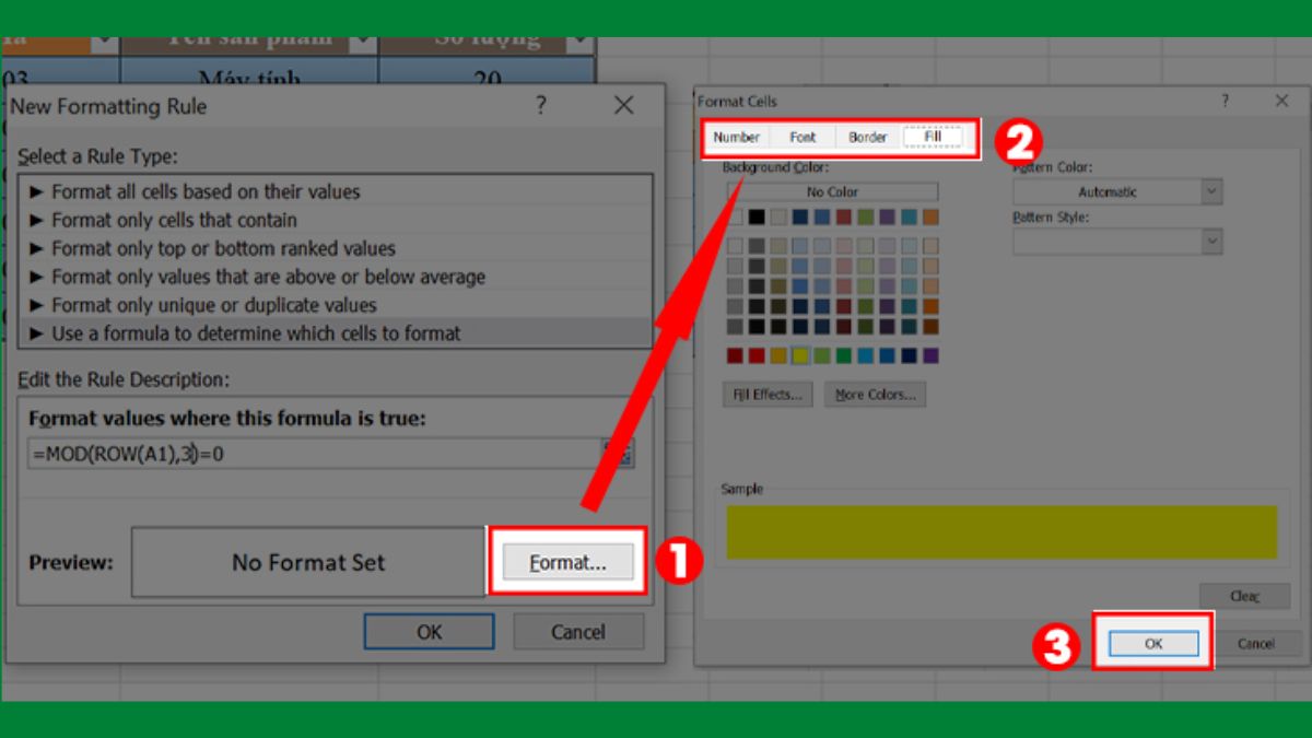 chọn format phép tính chia lấy dư trong excel