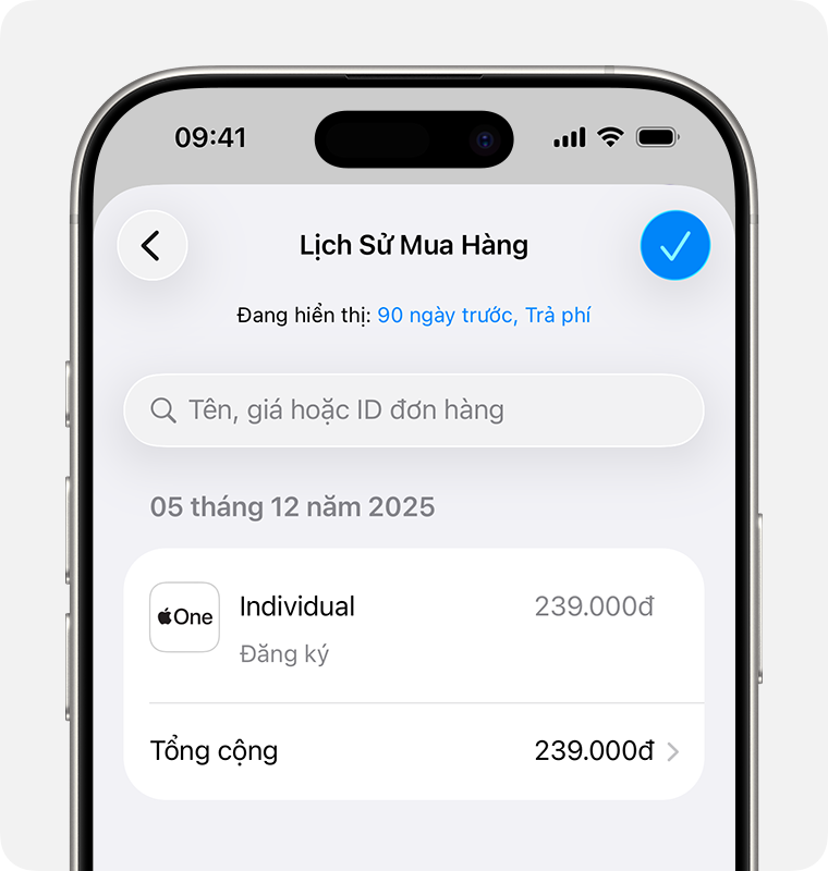 Hình ảnh hiển thị Lịch sử mua hàng trên iPhone.