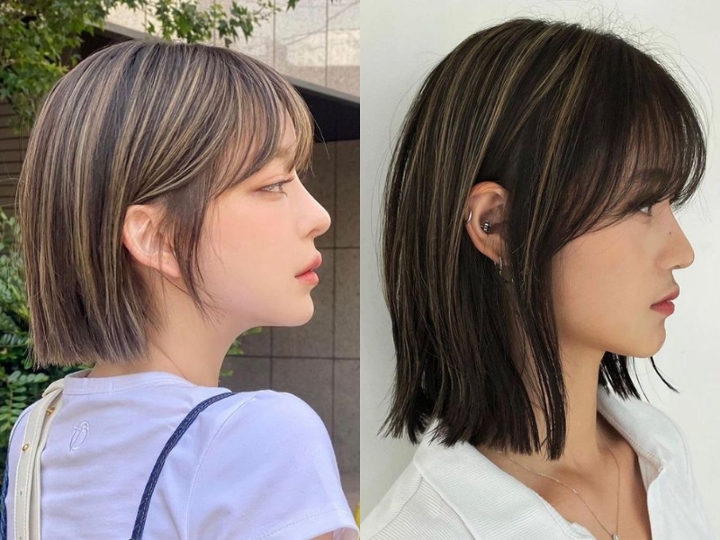 Tóc nhuộm nâu highlight vàng