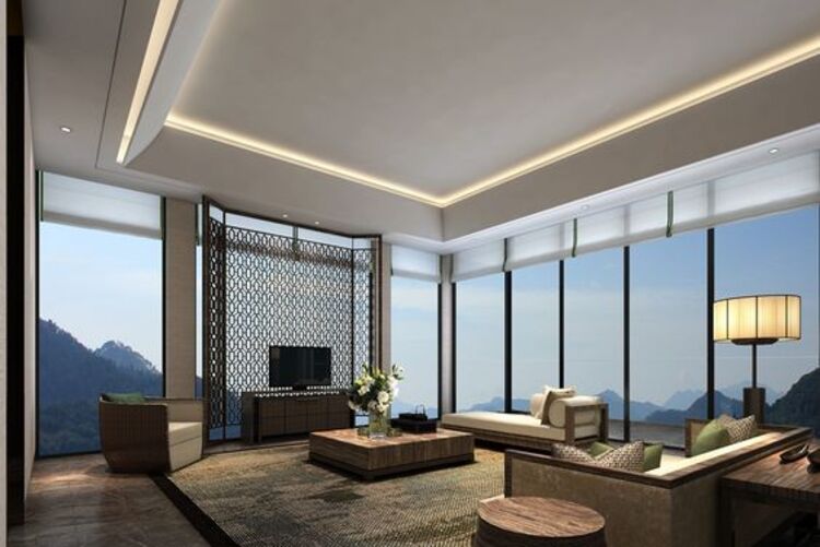 Thiết kế trần nhà thạch cao phẳng, kết hợp tường kính