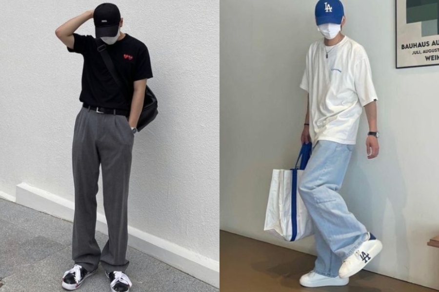 Quần ống suông phối cùng áo thun trắng đen đơn giản