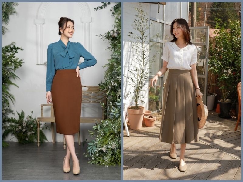 chân váy nâu phối với áo màu gì